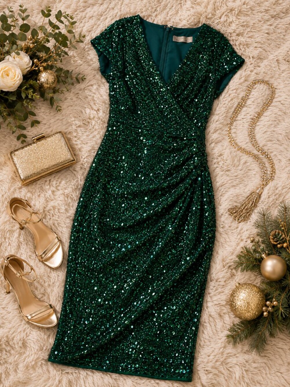 Mac Duggal Emerald Green Sequin Wrap V-Neck Midi Cocktail Dress 6 NWT